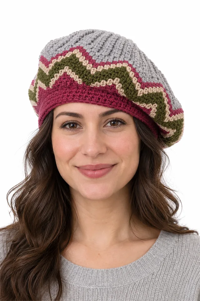 AI concept of a honey-toned crochet beret with ribbed basketry crown.