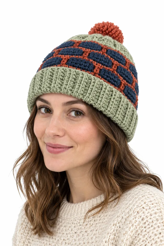AI concept of an oatmeal crochet rounded winter cap with thick basketry weave.