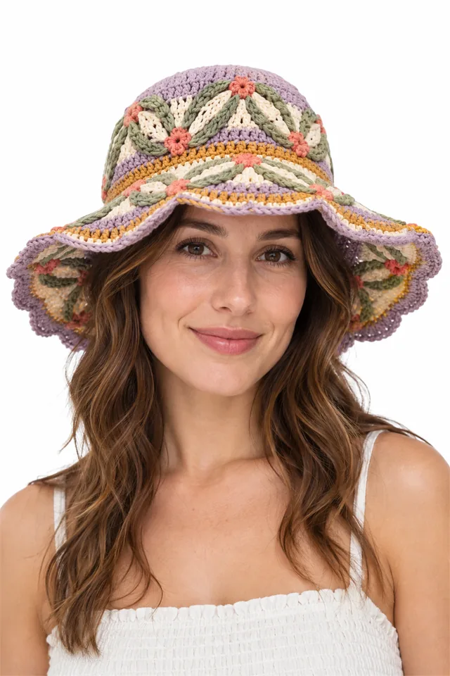 AI concept of a pale straw crochet summer hat with scalloped basketry brim.