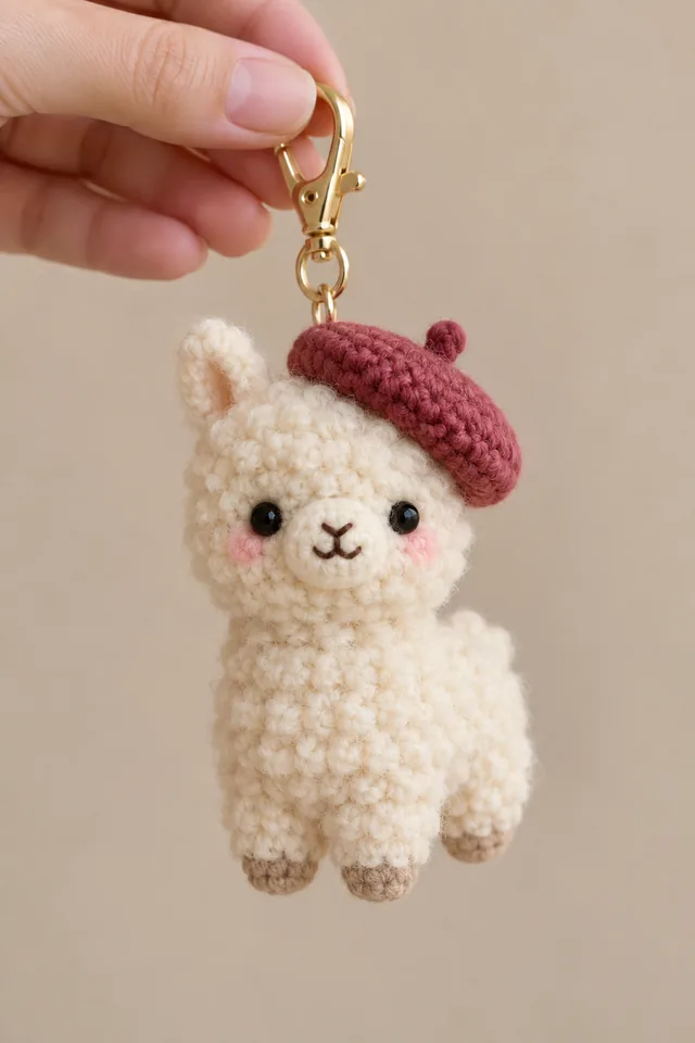 AI concept of a small cream crochet-look llama keychain with a fluffy texture, wearing a tilted burgundy beret, on a golden clasp.