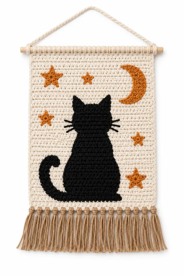 AI concept of a framed crochet wall panel with a black cat silhouette applique for Halloween.