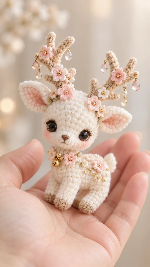 AI concept of a small cream crochet-look deer with large ears, whose antlers are twined with pink blossoms and tiny hanging crystal drops.
