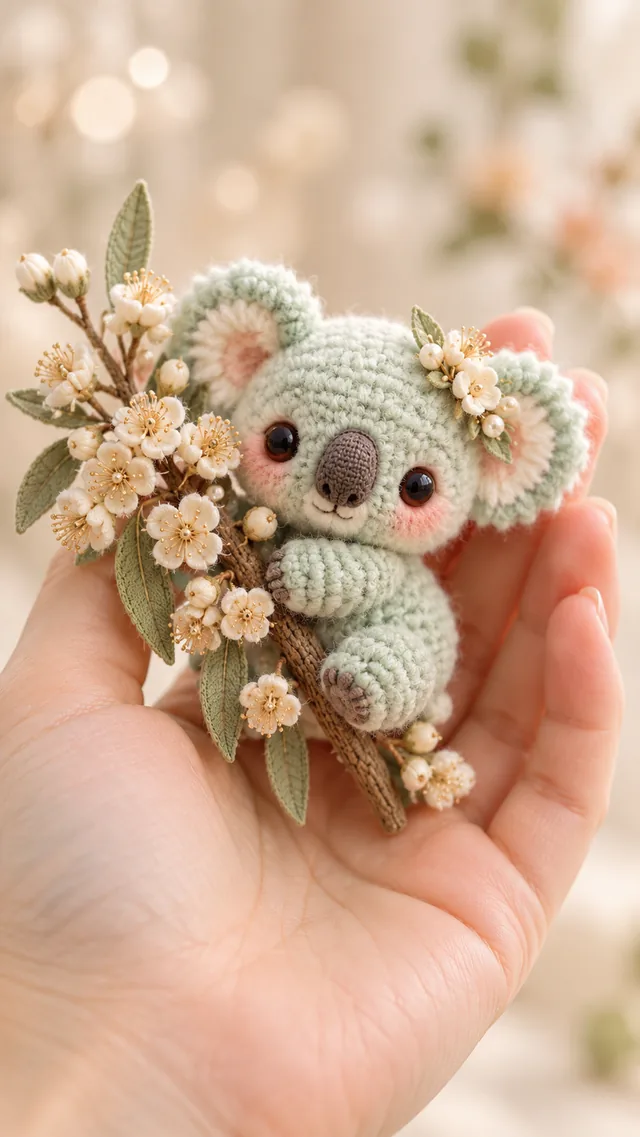 AI concept of a small mint-green crochet-look koala with large ears, holding a generous bouquet of cream dried flowers and green leaves.