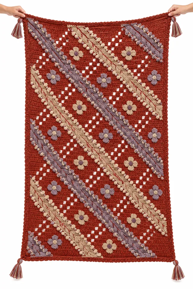 AI concept of a brick red crochet bed runner with angular basket ribbon texture.
