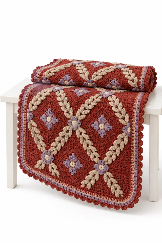 AI concept of a brick red square crochet baby blanket with braided wheat diamond texture.