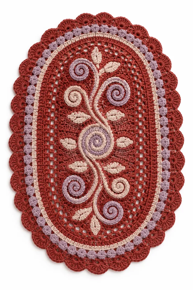 AI concept of a brick red oval crochet cradle blanket with citrus peel spiral texture.
