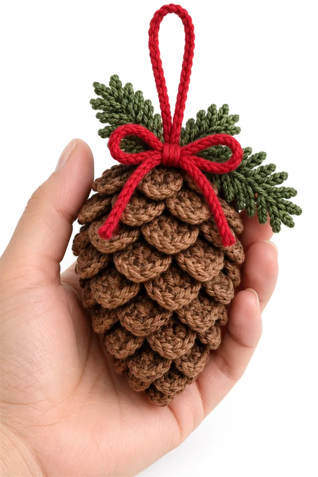 AI concept of a brown crochet pinecone Christmas ornament with layered scales.
