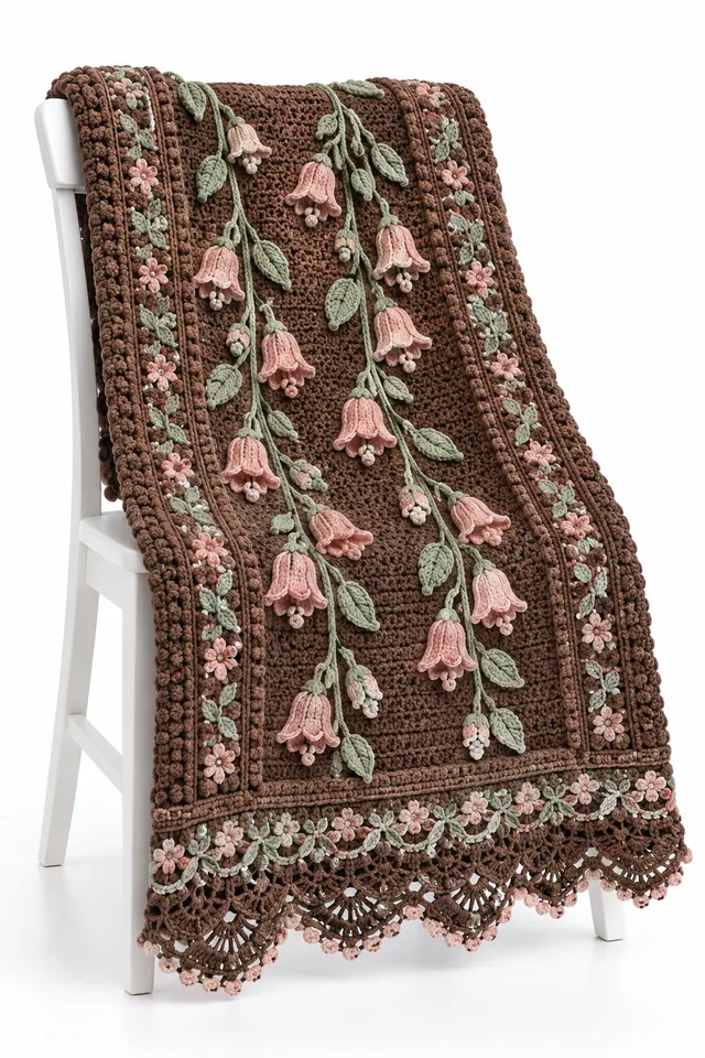 AI concept of a chestnut brown crochet sofa throw with alpine bellflower lace panels.