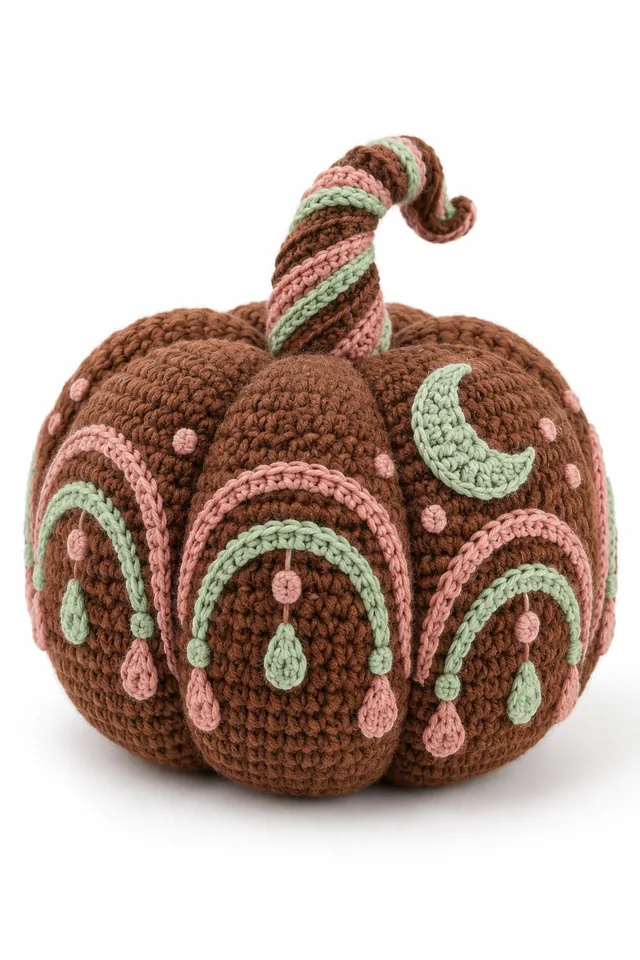 AI concept of a chestnut brown plump crochet pumpkin decoration with arch-like ribs.