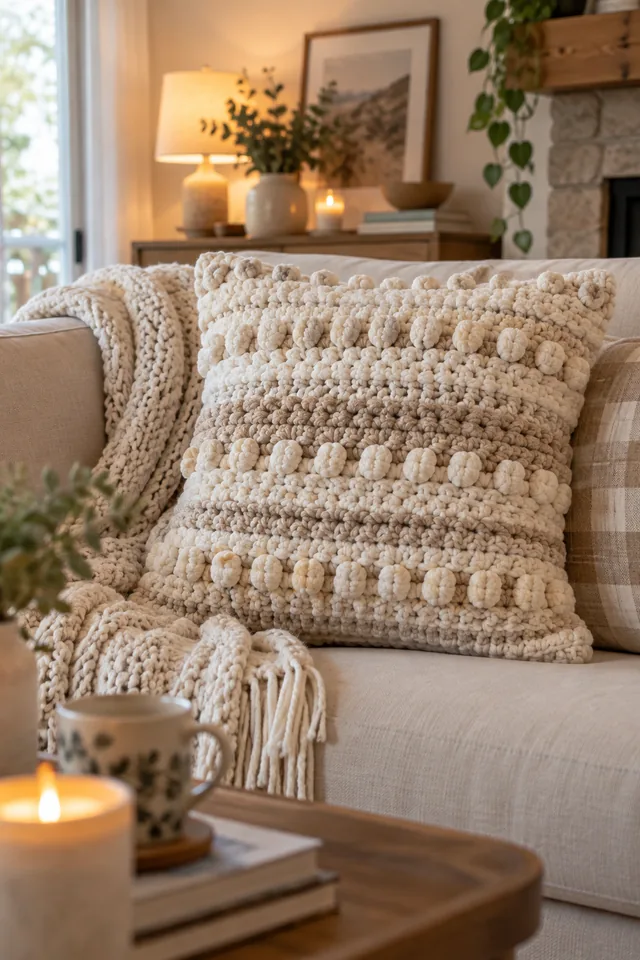 AI concept of a square cream crochet-look pillow covered in rows of plush bobbles, resting on a beige sofa with candles and plants nearby.