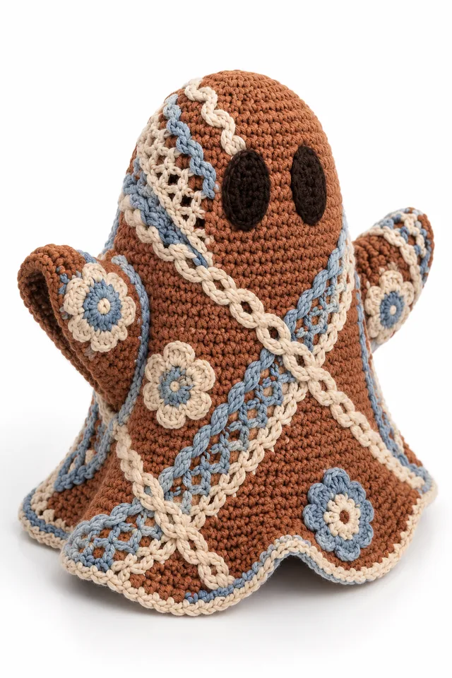 AI concept of a cinnamon crochet ghost cushion made from soft braided torus links.