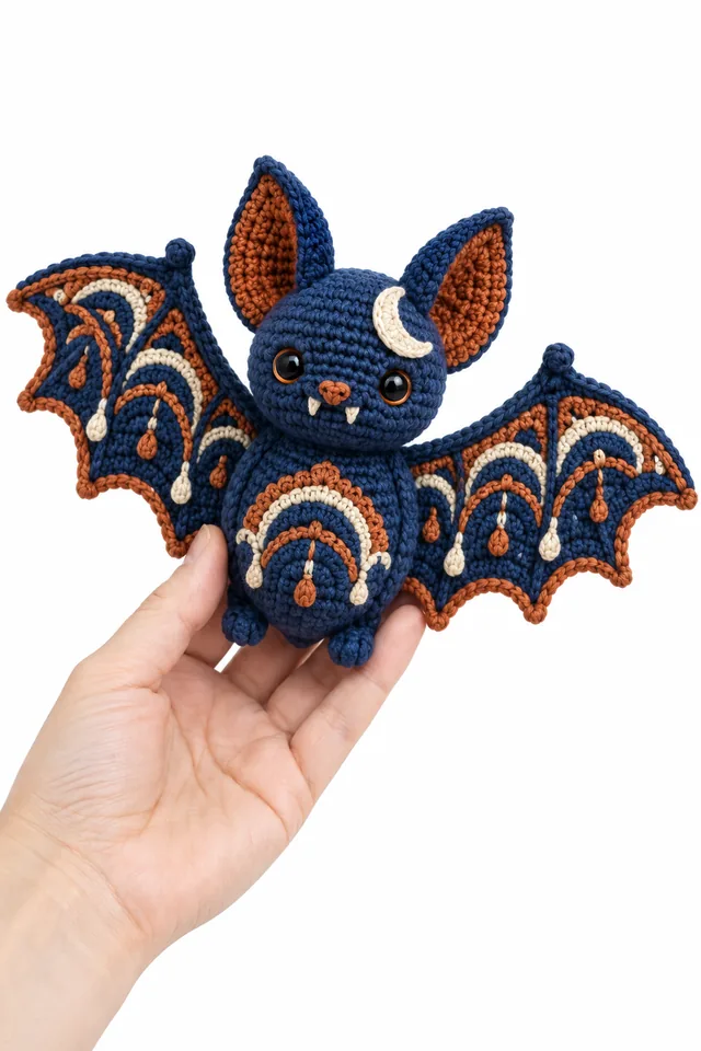 AI concept of a cobalt blue plush crochet bat decoration with arched wings.