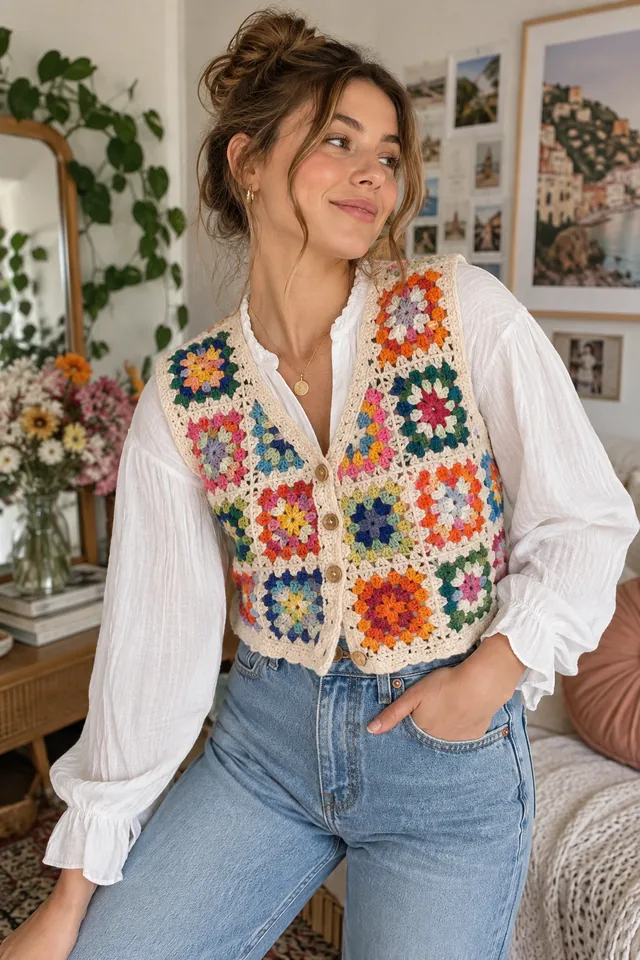 AI concept of a woman wearing a vivid crochet-look vest made of multicolored granny squares over a white blouse and blue jeans.