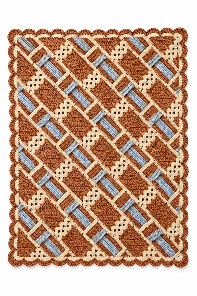 AI concept of a copper orange crochet lap blanket with angular basket ribbon weave.