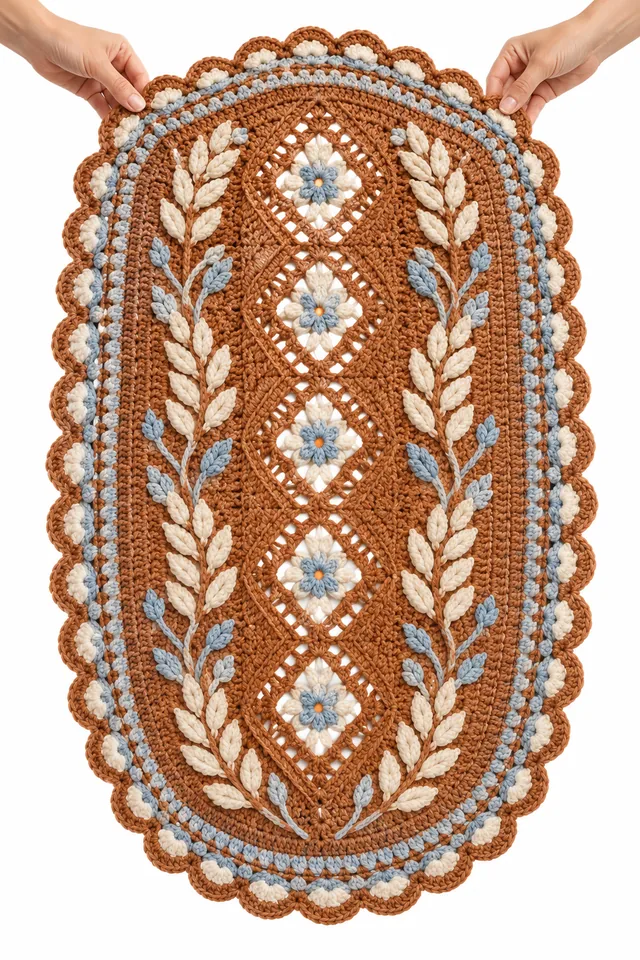 AI concept of a copper oval crochet cradle blanket with braided wheat diamonds.