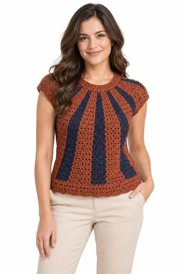 AI concept of a navy crochet blouse with copper art deco sunray pattern.