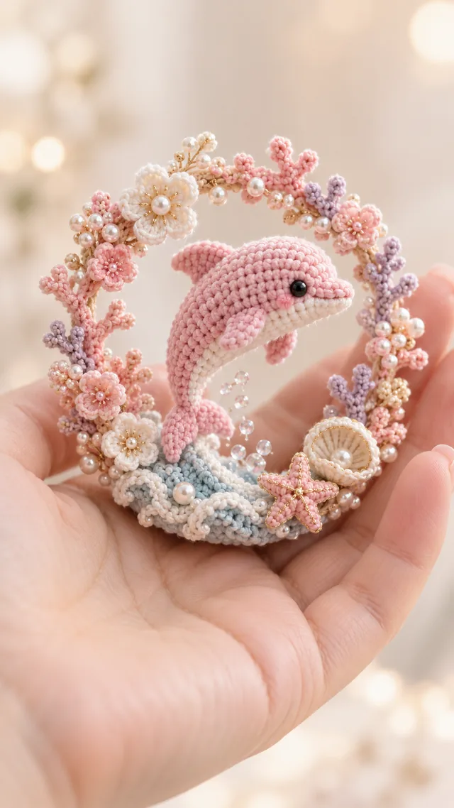 AI concept of a small pink crochet-look dolphin arching over a base of pink and blue coral branches, pearls and a tiny lemon slice.