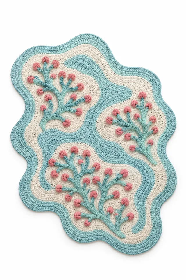 AI concept of a coral crochet rug in an asymmetric wave shape with lichen-inspired texture.