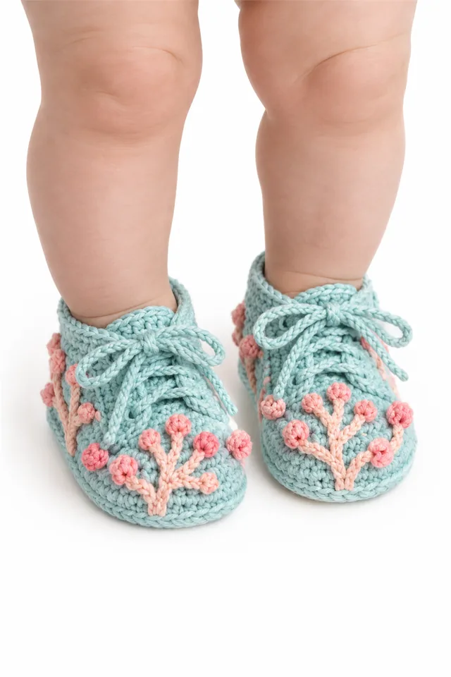 AI concept of coral pink crochet baby lace-up shoes with lichen-inspired texture.