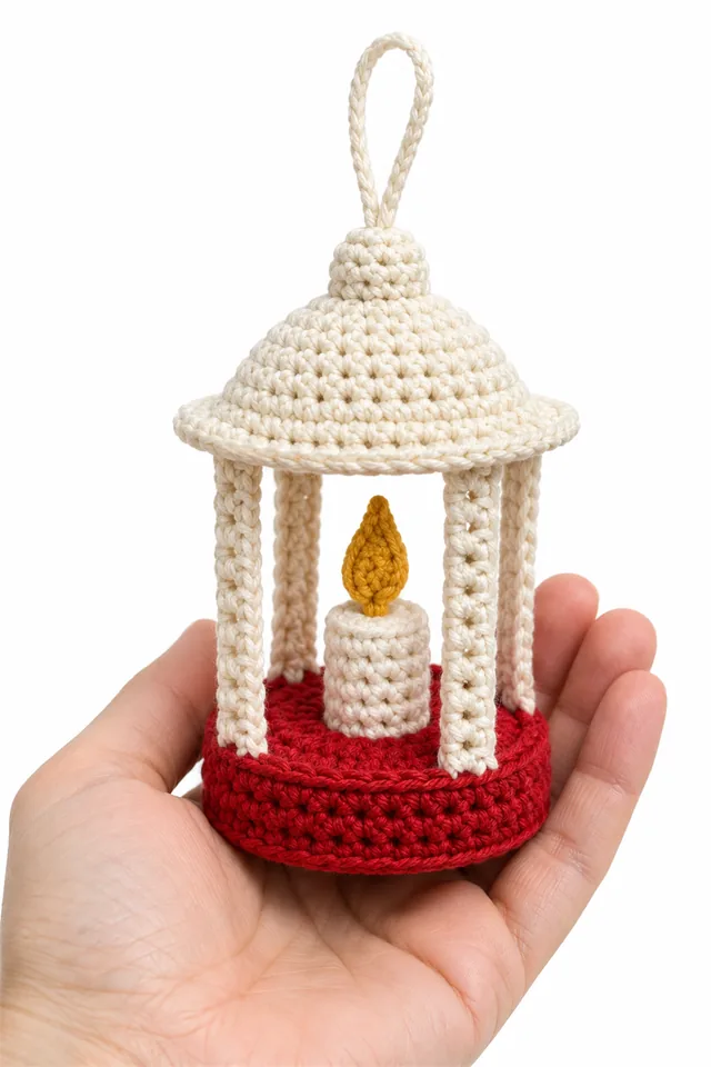 AI concept of a cream crochet lantern Christmas ornament with golden pane details.