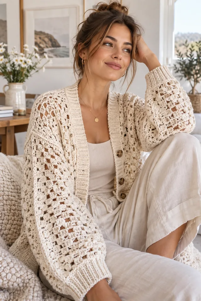 AI concept of a woman wearing a cream crochet-look openwork cardigan with buttons over a white top and light trousers in a bright living room.