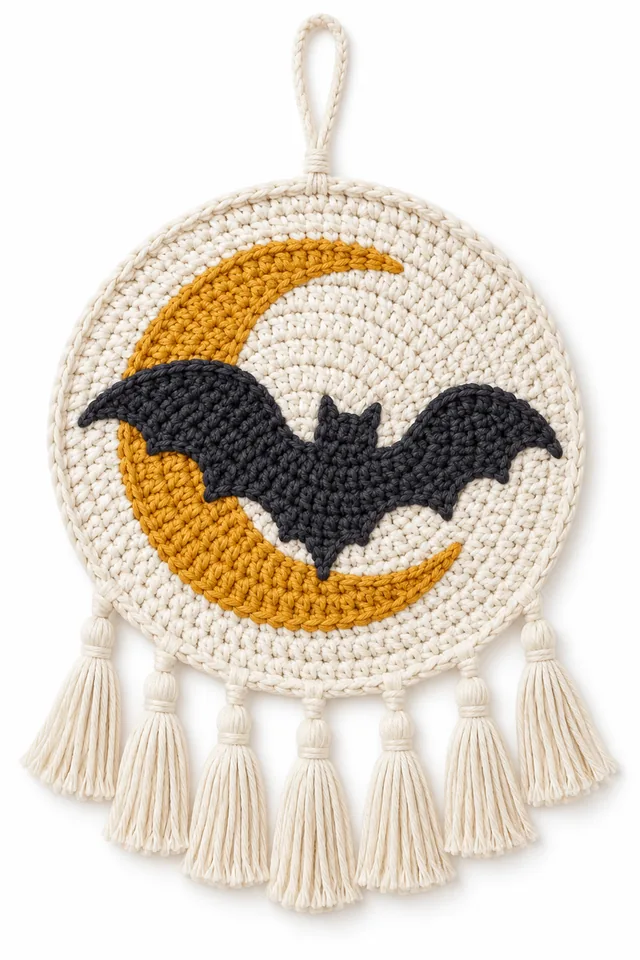 AI concept of a round crochet wall medallion with a bat silhouette across a crescent moon.