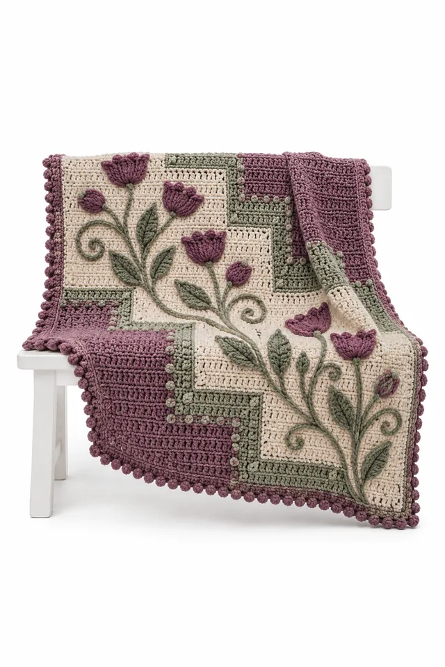 AI concept of a pale green crochet throw with stepped panels inspired by cup lichen.