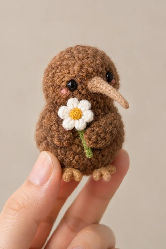 AI concept of a small brown crochet-look kiwi bird with a long pale beak, holding a single white daisy with a yellow center in its wings.