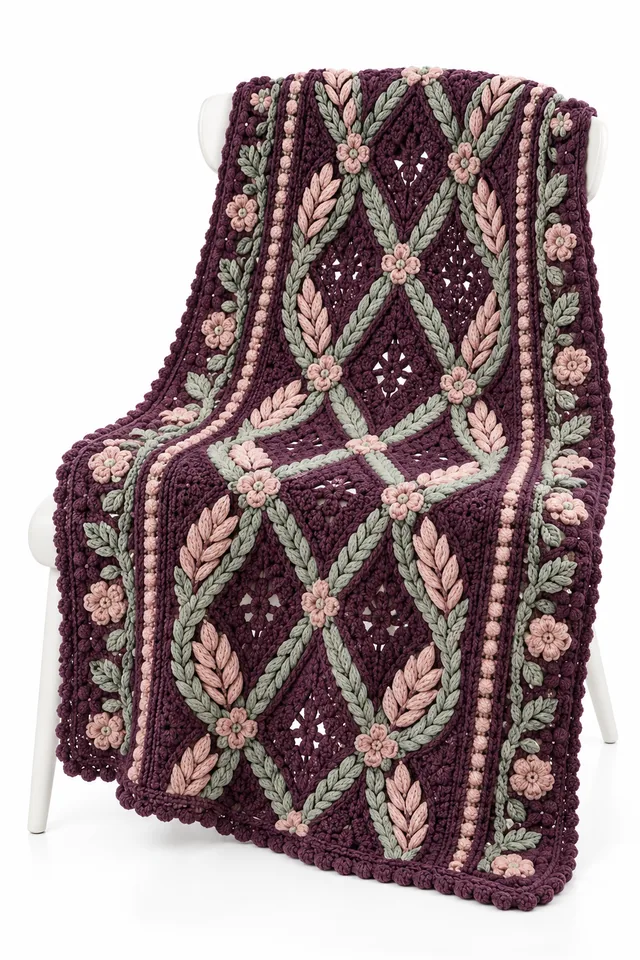 AI concept of a deep plum long crochet sofa throw with braided wheat diamond texture.