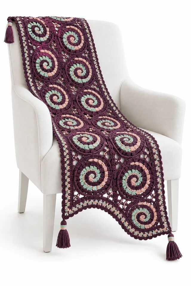 AI concept of a deep plum crochet bed runner with citrus peel spiral bands.