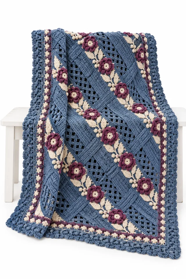 AI concept of a denim blue long crochet sofa throw with angular basket ribbons.
