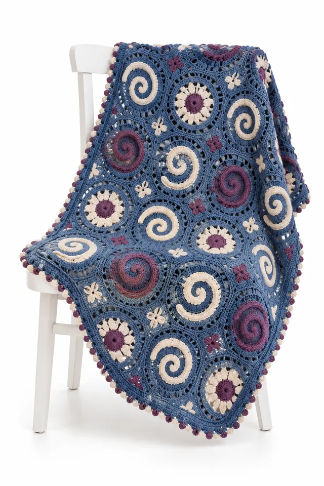 AI concept of a denim blue square crochet baby blanket with a citrus peel spiral medallion.
