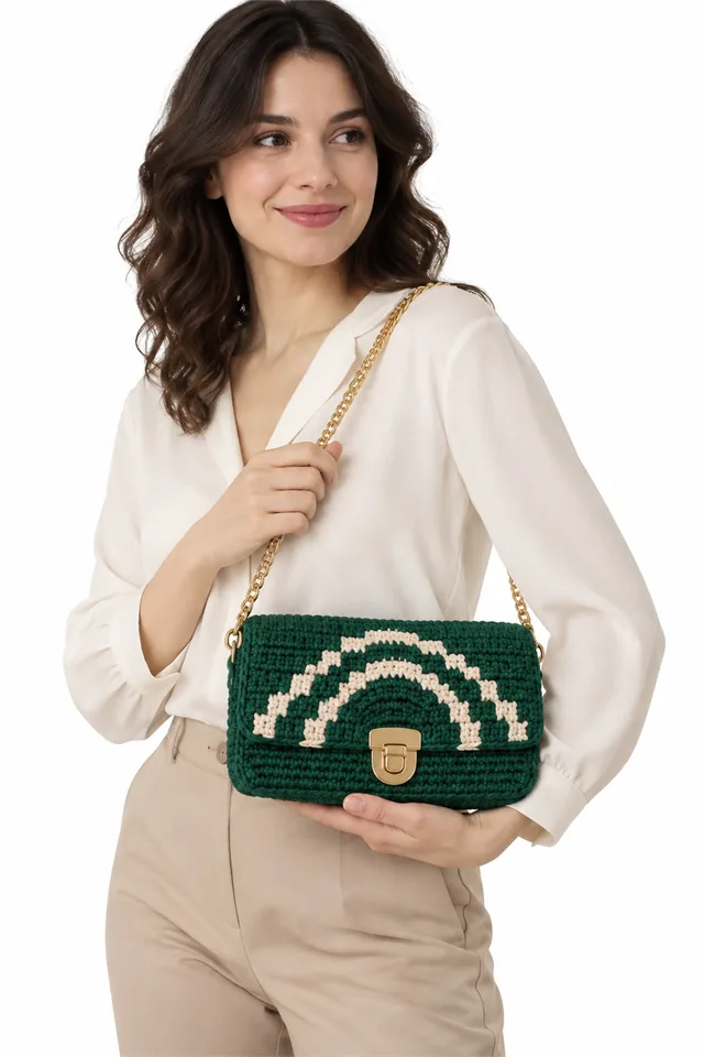 AI concept of an emerald crochet clutch with stepped art deco arch design.