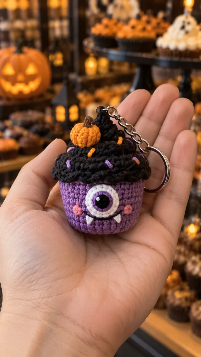 AI concept of a purple crochet-look cupcake keychain with black frosting, sprinkles, a large eyeball on the wrapper and a tiny pumpkin on top, held against a Halloween party table.