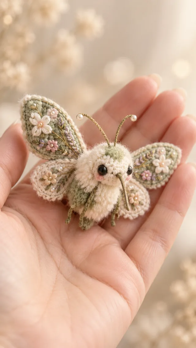 AI concept of a small cream crochet-look moth with large wings embroidered with tiny flowers in pink and green, thin antennae and a fuzzy body.