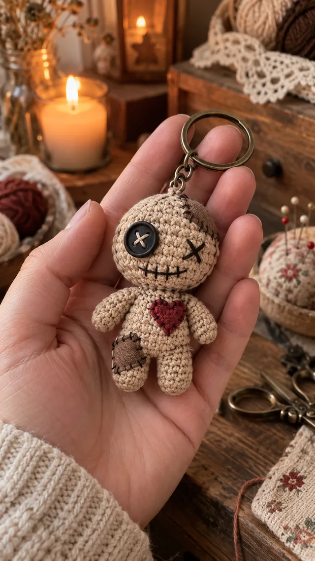 AI concept of a beige crochet-look voodoo doll keychain with button eyes, stitched mouth, heart patch and a small felt heart on its chest, held in a hand near a candle.