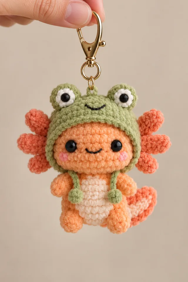 AI concept of a small orange crochet-look axolotl keychain wearing a green frog hat with big eyes and a pink frilled ruff around its neck.
