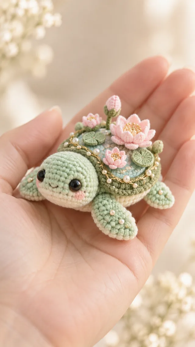 AI concept of a small seafoam-green crochet-look turtle whose domed shell is topped with pink blossoms, buds and leafy vines.