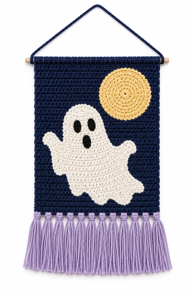 AI concept of a framed crochet wall panel with a friendly ghost and full moon applique.