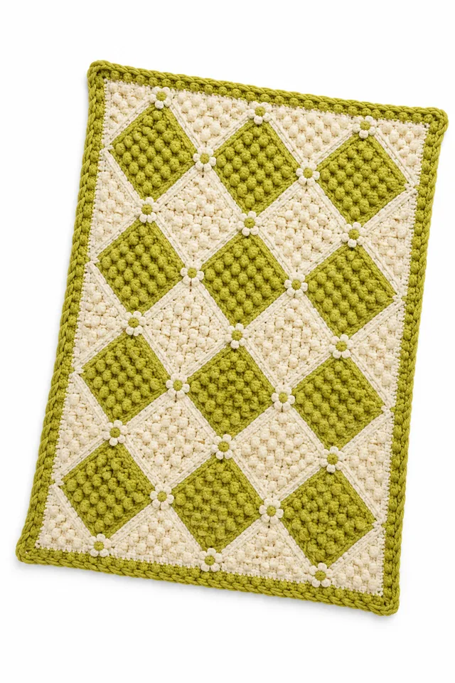 AI concept of a golden crochet throw with diamond patches inspired by crust lichen.
