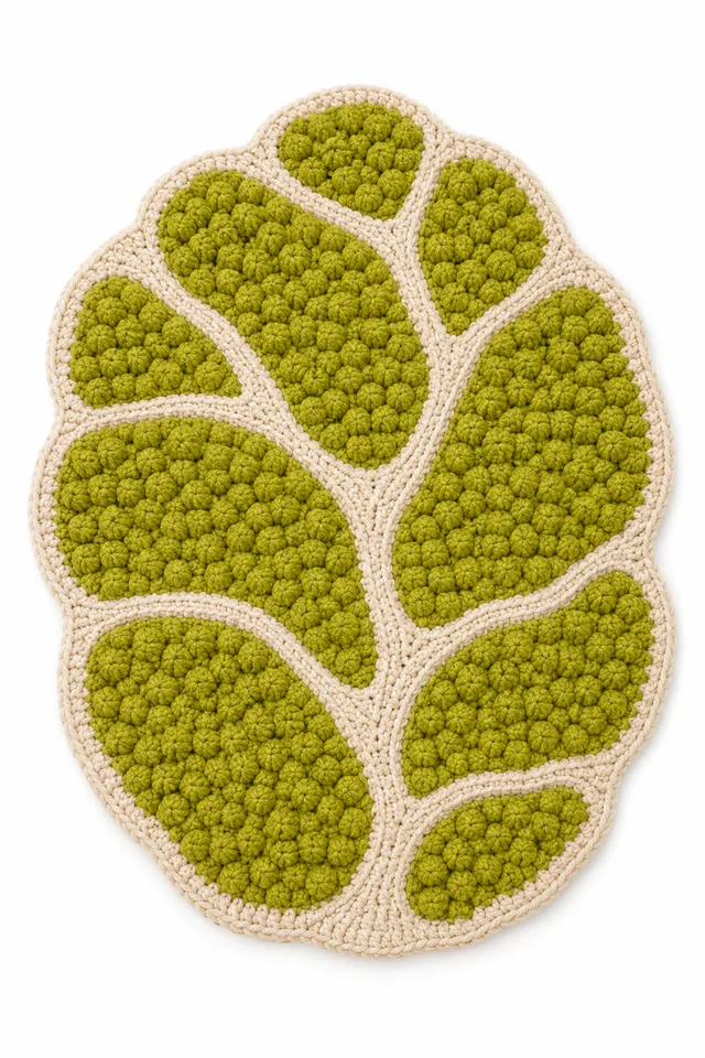 AI concept of a golden crochet oval rug with lobed edges inspired by crust lichen.