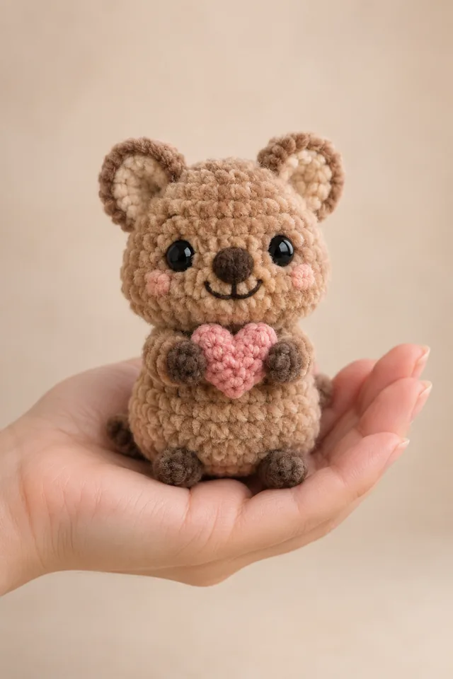 AI concept of a small brown crochet-look bear with a cream muzzle, holding a textured pink heart against its chest with both paws.