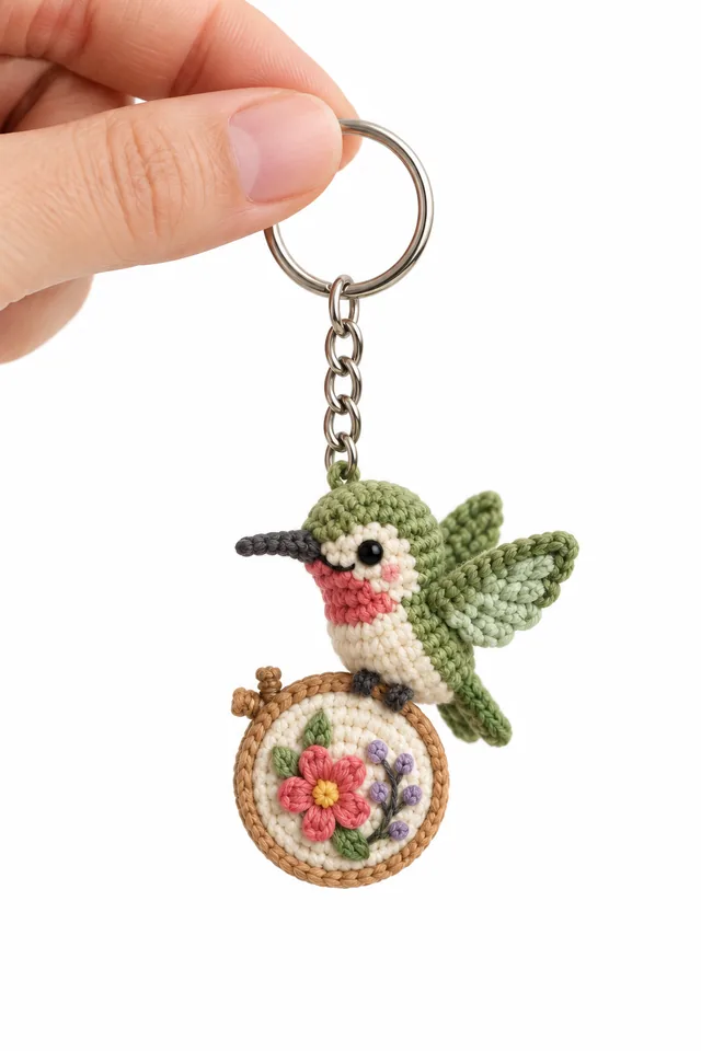 AI concept of a small crochet-look hummingbird keychain with green wings and a pink throat, hovering over a miniature embroidery hoop with stitched flowers.