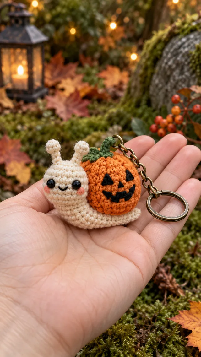 AI concept of a small white crochet-look ghost keychain with a smiling face holding a tiny orange jack-o'-lantern, against greenery with a lantern in the background.