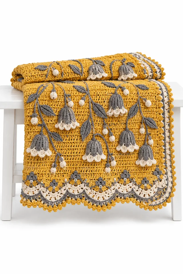 AI concept of a marigold yellow square crochet baby blanket with bellflower lace medallion.