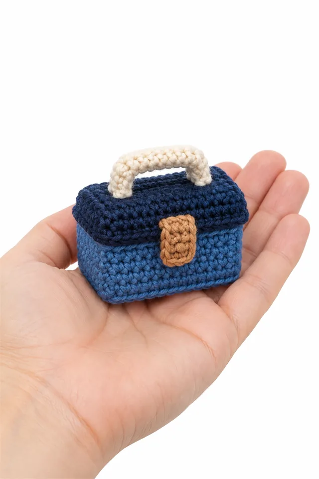 AI concept of a miniature blue crochet toolbox with handle and latch details.