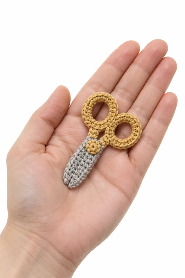 AI concept of miniature gold crochet scissors with crossed blades and round handles.