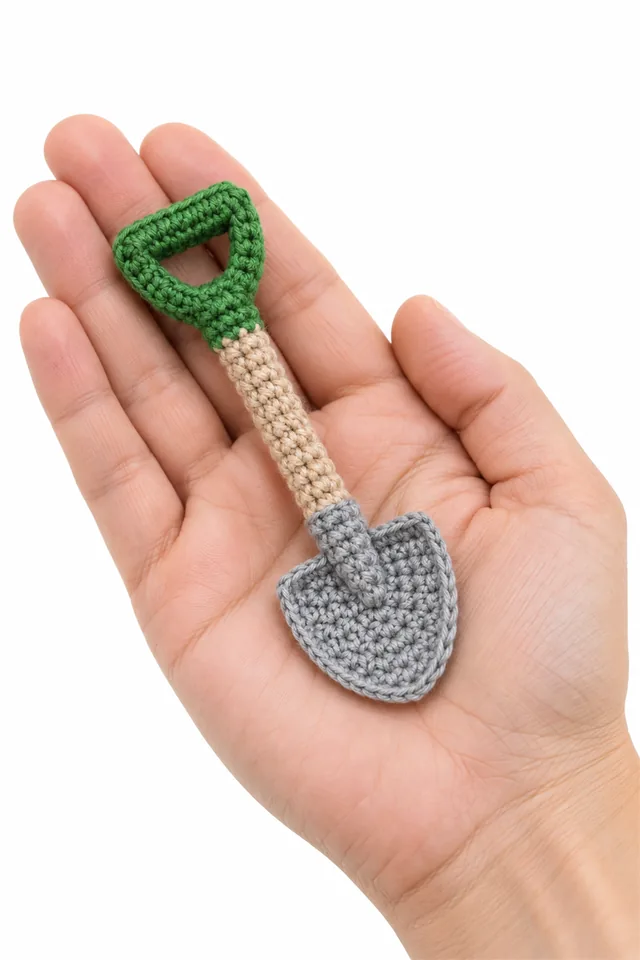AI concept of a miniature green crochet garden spade with tan handle.
