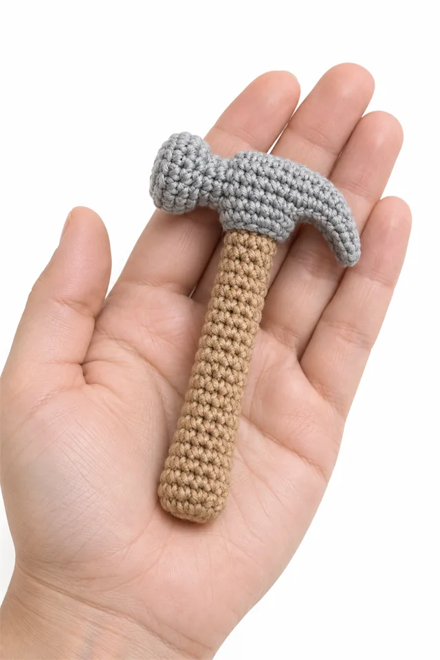 AI concept of a miniature tan crochet hammer with darker head and stitched claw.