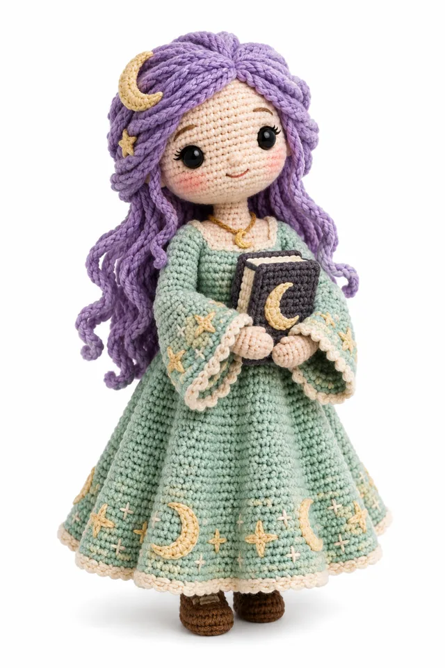 AI concept of a mint green crochet librarian doll with moon motifs for Halloween decor.